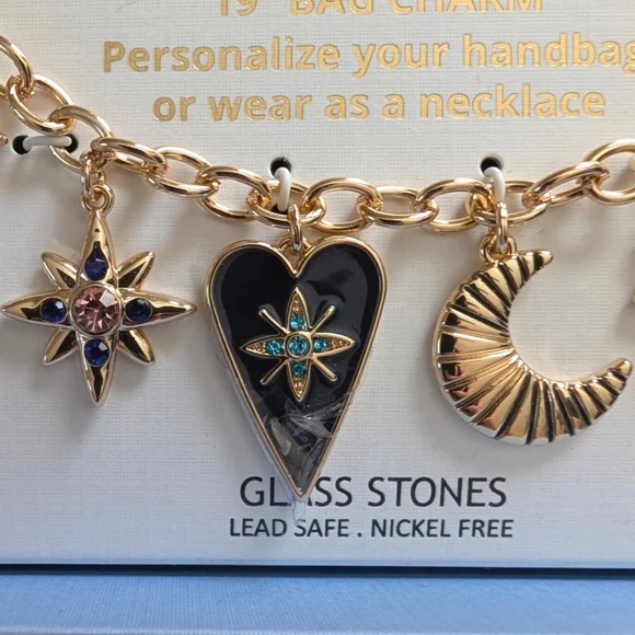 House of Harlow 1960 Bag Charm Necklace Glass Stones Celestial Hearts Stars - Picture 5 of 13